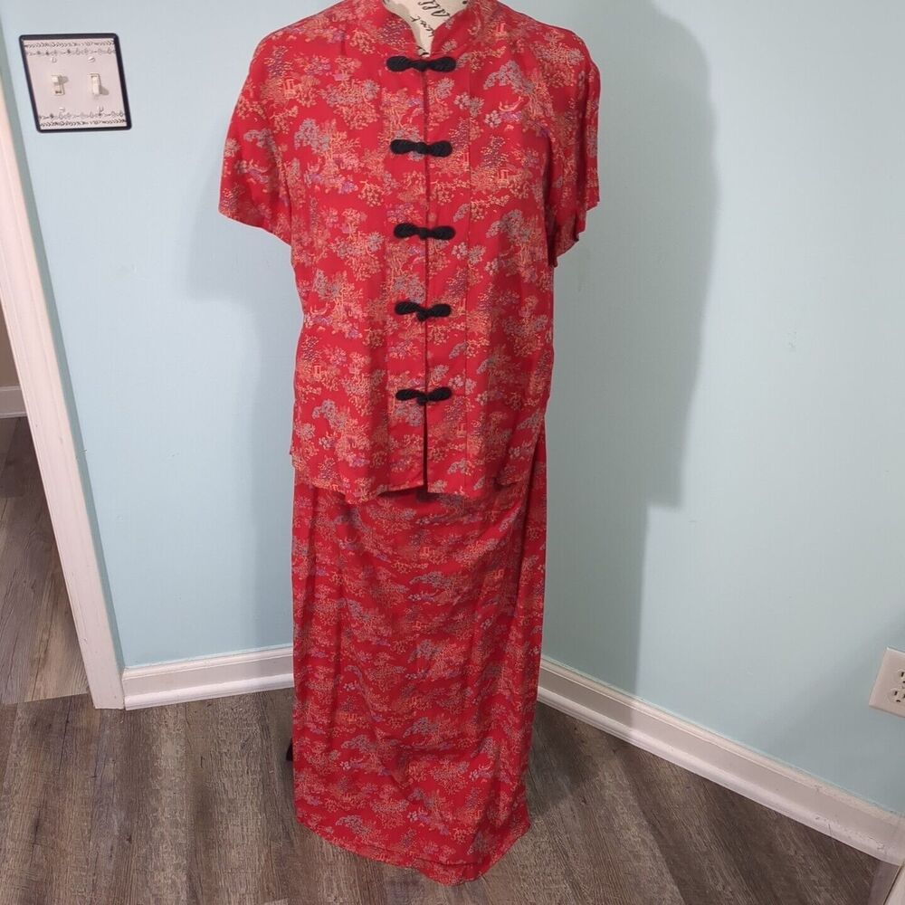 Vintage CLIO Asian floral crop blouse skirt set suit Y2K medium